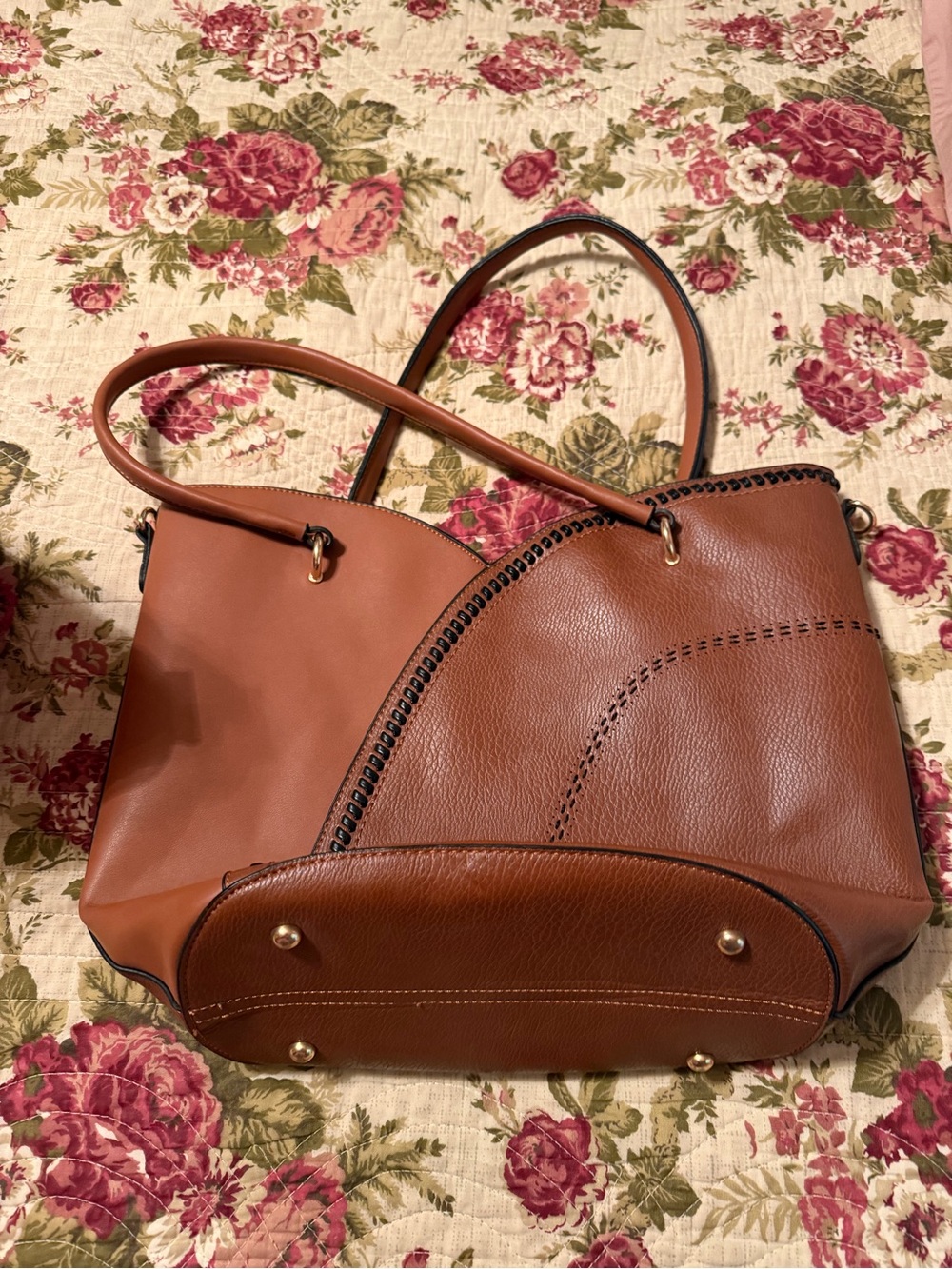 Women's Stylish Tan Shoulder Tote with Decorative Stitching - Picture 2 of 3